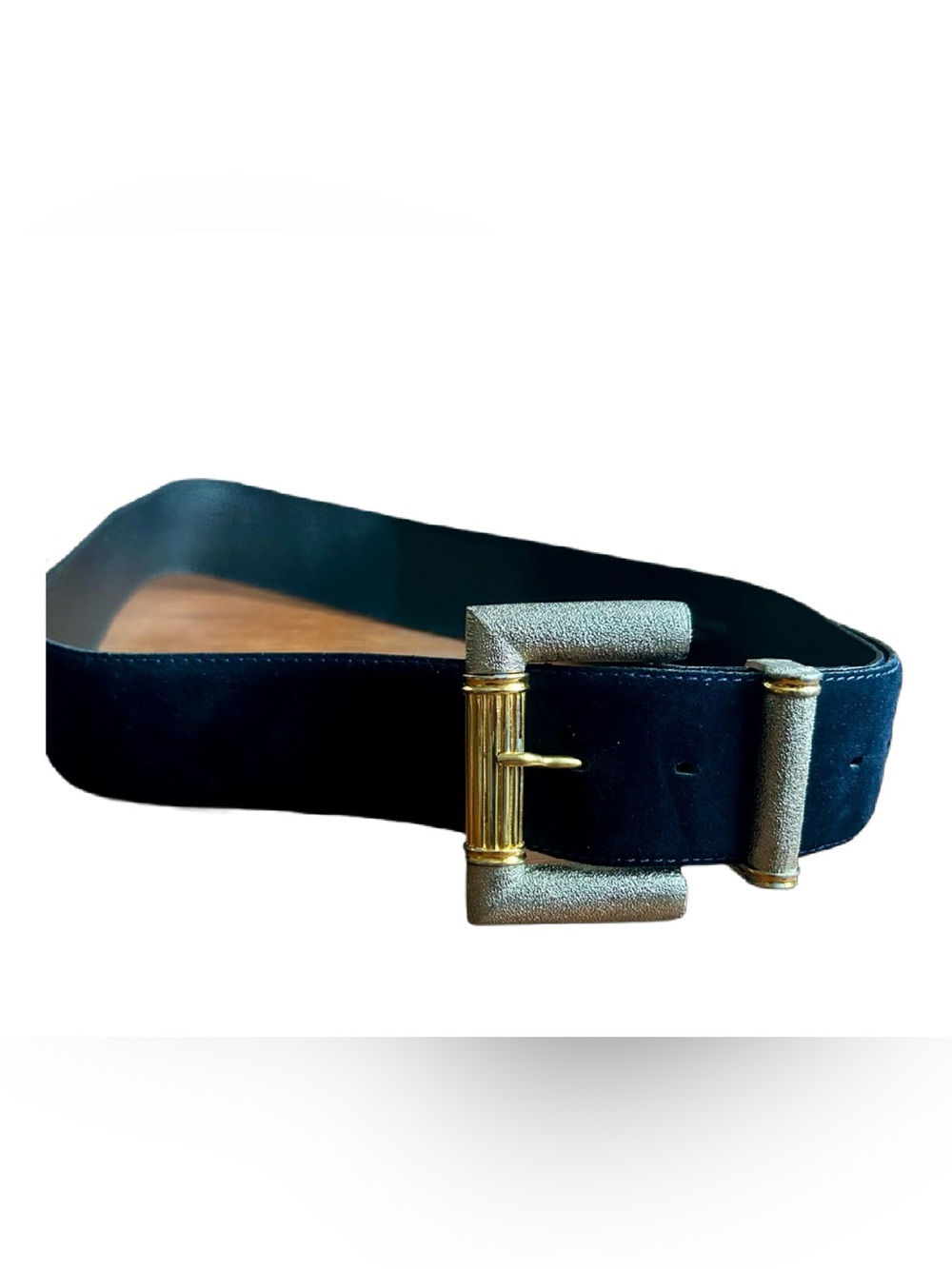 Vintage Navy Suede Belt with Statement Mixed-Metal Buckle – Size 34 - Picture 2 of 9
